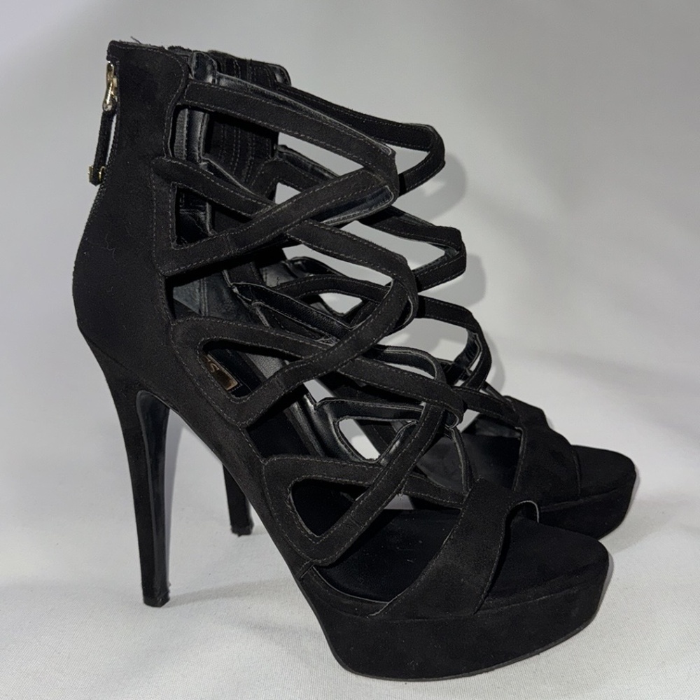 Guess Kadani Women's Suede Black Platform High Heel Sandals Shoes Strappy Sz 8M